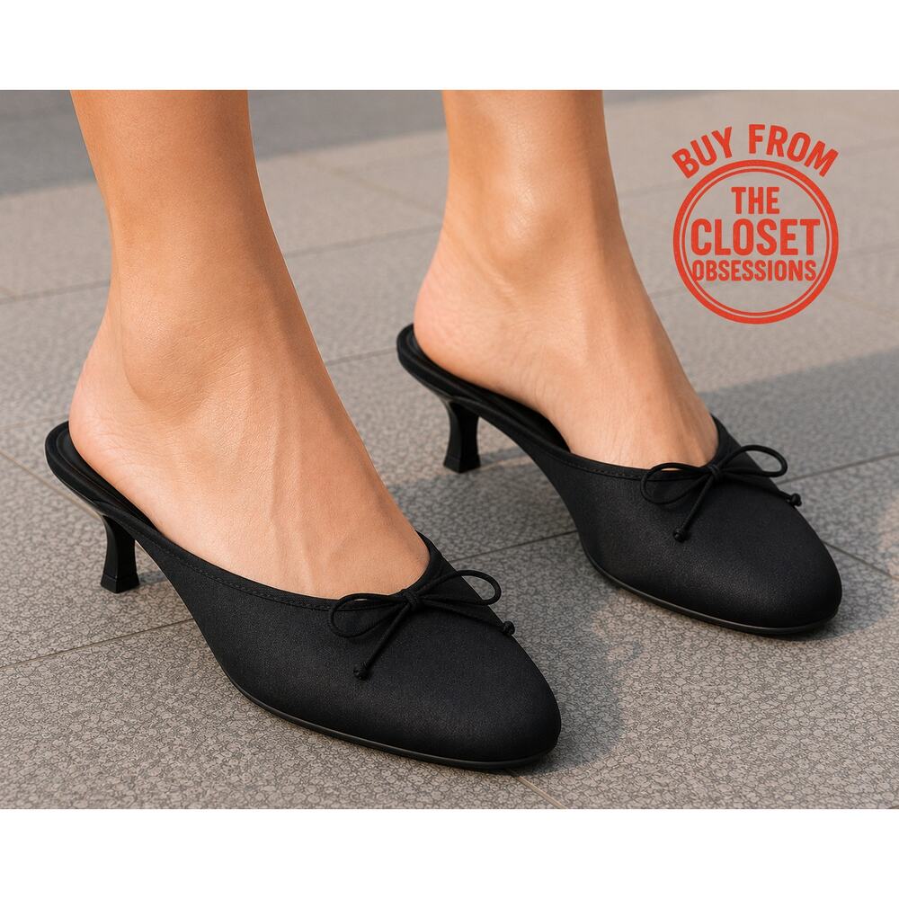 ZARA Embellished Bow Detail Mules NWT – Black Satin Heeled Slides, Sz 7.5